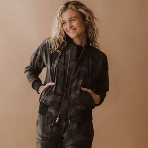 ALBION FIT Camo Print Bomber Jacket W/Gold Zippers and Black Nylon Cuffs Size S